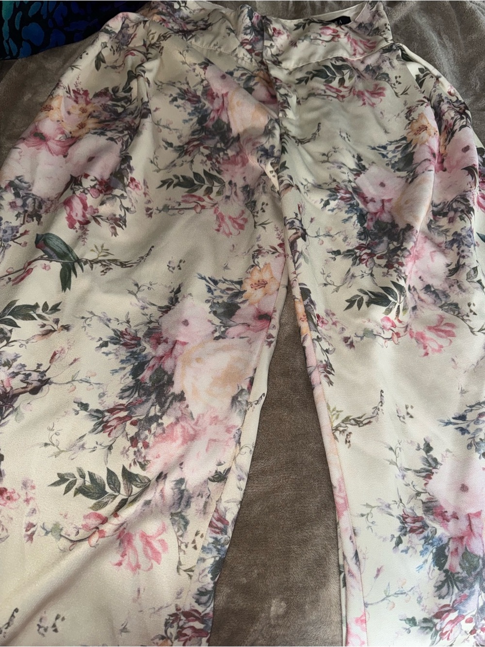 AKIRA Cream Floral Wide-Leg Jumpsuit Pants with Pink & Green Print - Picture 1 of 5